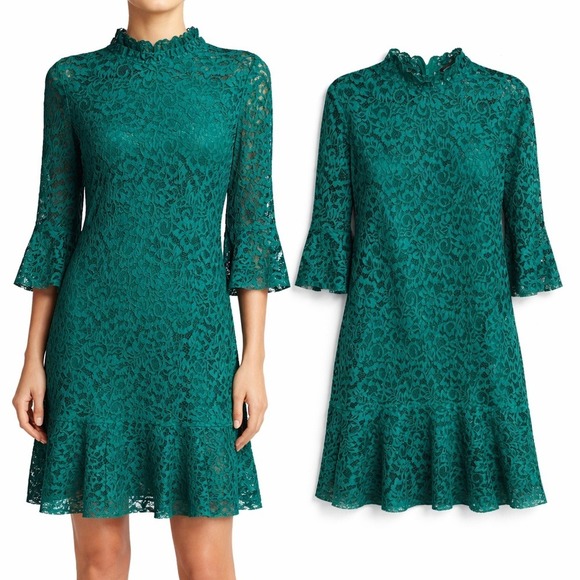 Zara Dresses & Skirts - Zara Woman Emerald Green Floral Lace High Neck Bell Sleeve Flounce Mini Dress S